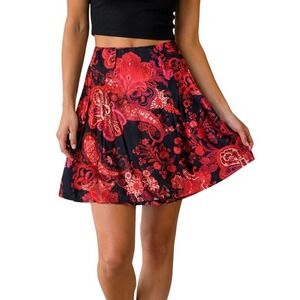 Vintage-Inspired Red Paisley A-Line Skirt Womens Size 6 Pleated Cotton